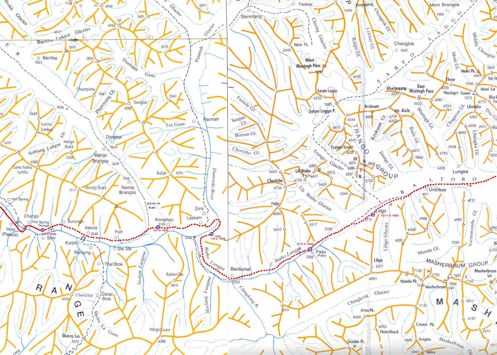 Carte de la région du glacier du Baltoro