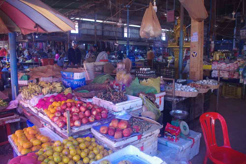 Halte dans un marché dans la banlieue de Siem Reap (ក្រុងសៀមរាប), le 25 janvier 2023