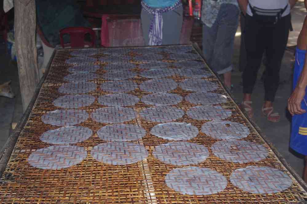 Fabrication de galettes de riz. Balade à vélo entre Roluos (រលួស) et Chau Srei Vibol (ប្រាសាទ​ចៅ​ស្រី​វិបុល), le 26 janvier 2023