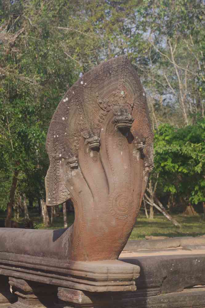 Visite du temple de Phumi Boeng Mealea (ភូមិបឹងមាលា). Naga-balustrade à l’entrée du site, le 27 janvier 2023