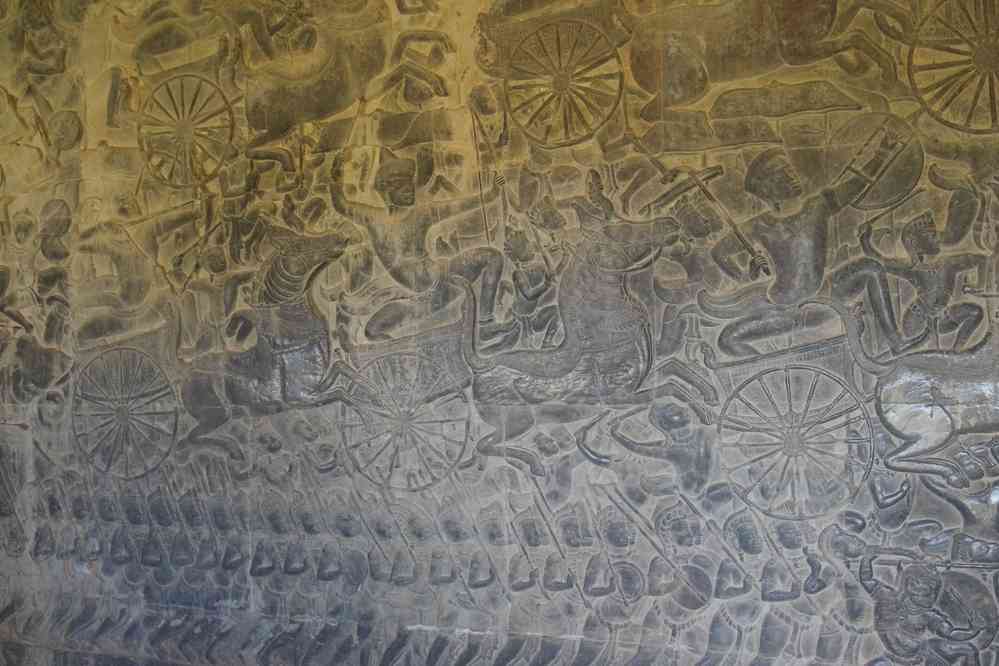 Bas-relief d’Angkor Vat (ប្រាសាទអង្គរវត្ត), le 28 janvier 2023. Probablement la bataille de Kurukshetra (कुरुक्षेत्र युद्ध), bataille légendaire de la mythologie hindoue opposant les Kauravas aux Pandavas