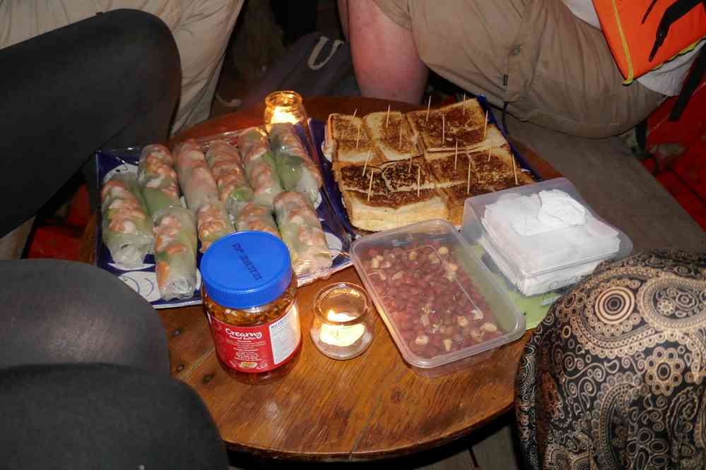 Balade nocturne en barque sur la rivière Preaek Tuek Chhu. Près de notre gîte. L’objectif était de trouver des lucioles sur l’autre rive, le 31 janvier 2023