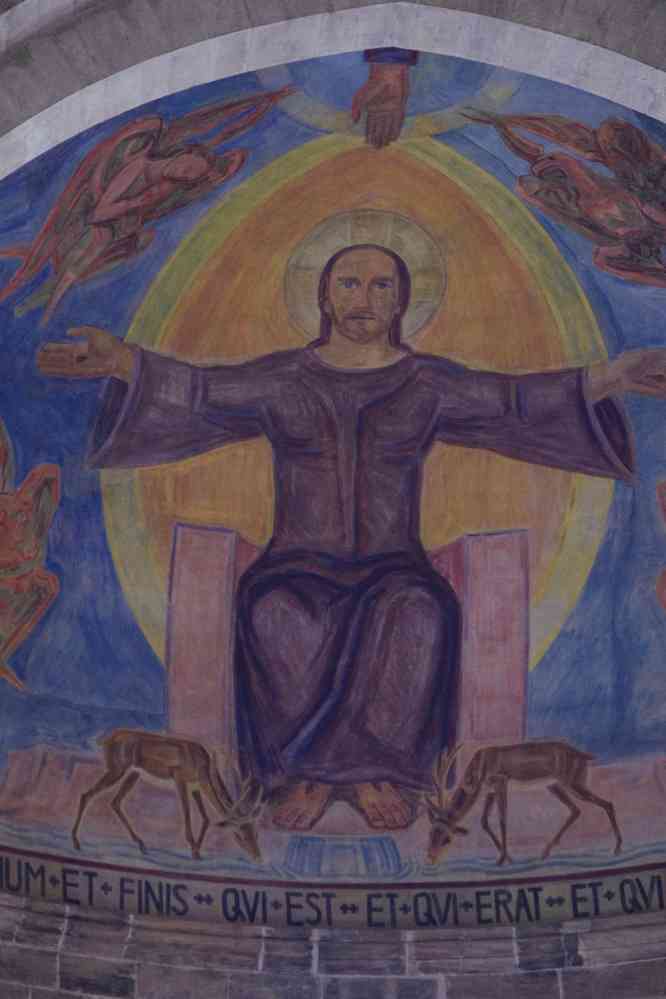 Cathédrale Saint-Pierre-et-Saint-Georges de Bamberg (ou Kaiserdom). Peinture naïve représentant le Christ et située dans le chœur du côté de l’entrée de la cathédrale, le 9 août 2023