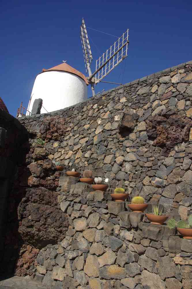 Moulin dominant le jardin de cactus de Guatiza, le 3 janvier 2014