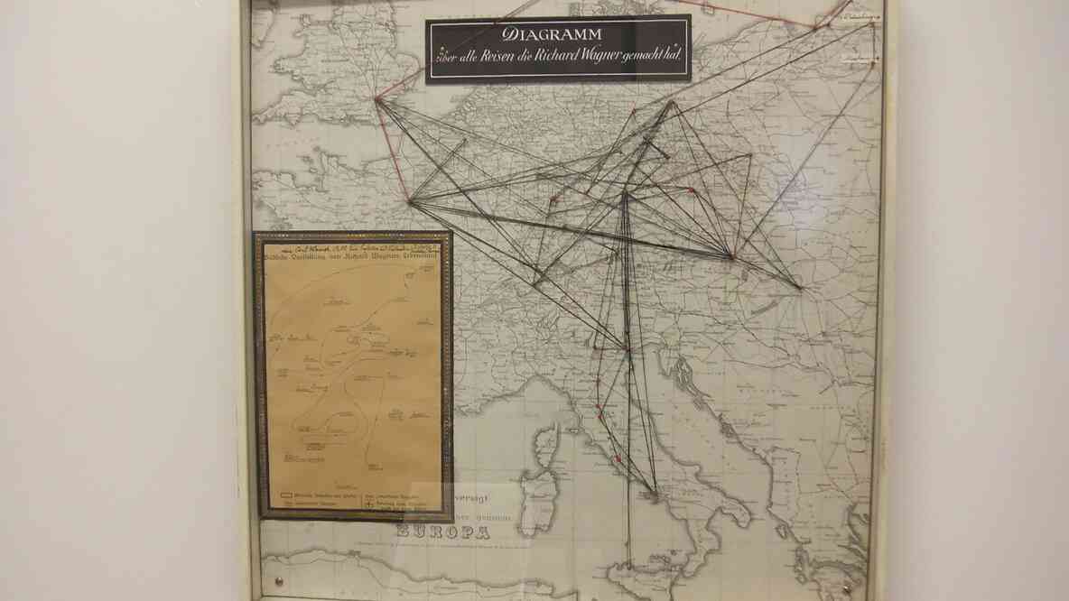 Diagramme des voyages effectués par Richard Wagner (musée Richard Wagner à Bayreuth). 15 août 2019