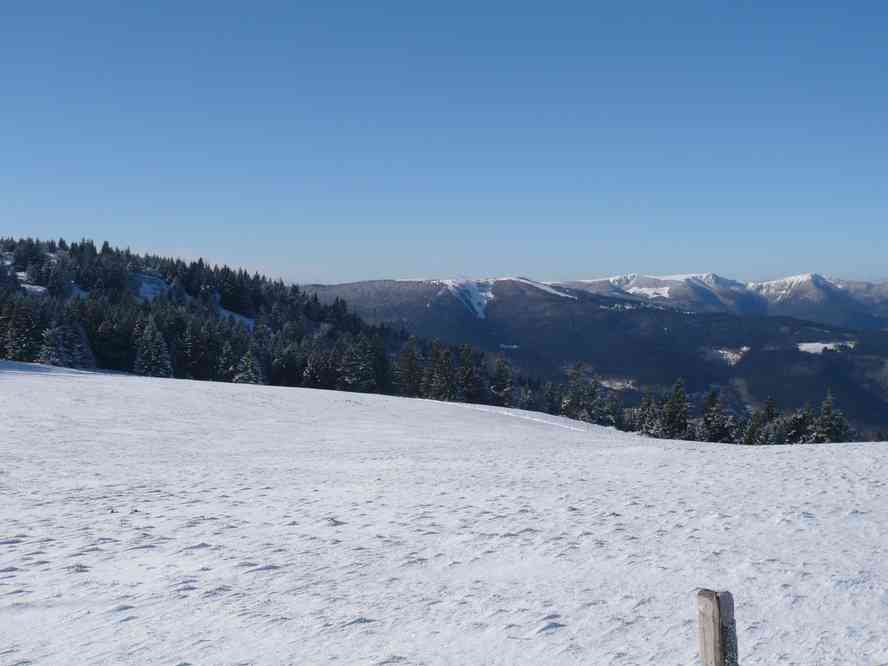 Près du petit Ballon, vue vers le Hohneck (1362 m). Le dimanche 3 janvier 2010