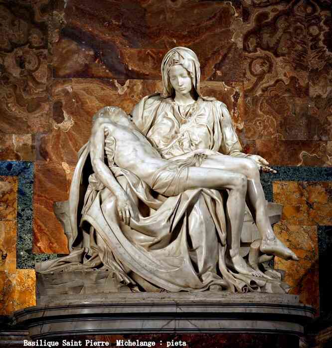 La Pietà de Michel-Ange, Saint-Pierre de Rome. Auteur :  Stanislas Traykov, Licence CC-BY 2.5. Photo collectée et annotée par Gilbert Morice